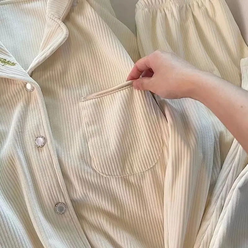 2024 New Solid Collar Island Velvet Pajamas Spring Autumn Women's Sleepwear Warm Simple Winter Loungewear V-neck Loose Homewear