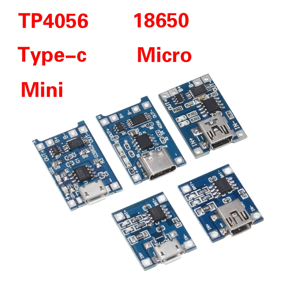 

5V 1A Micro USB 18650 Type-c Lithium Battery Charging Board Charger Module+Protection Dual Functions TP4056 18650