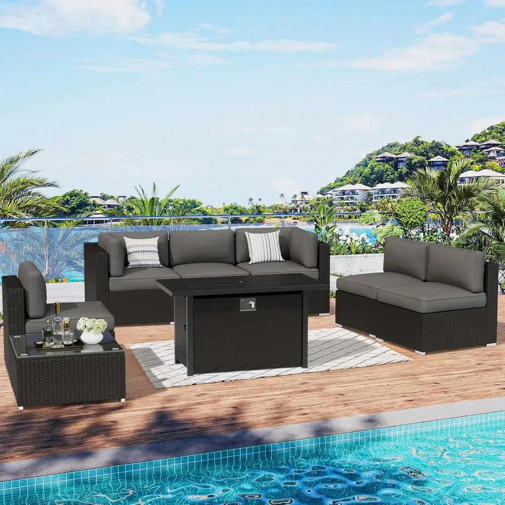 Outdoor 8-piece all-weather rattan segmented dialogue set, equipped with a glass coffee table, cushion, and fire pit table 6