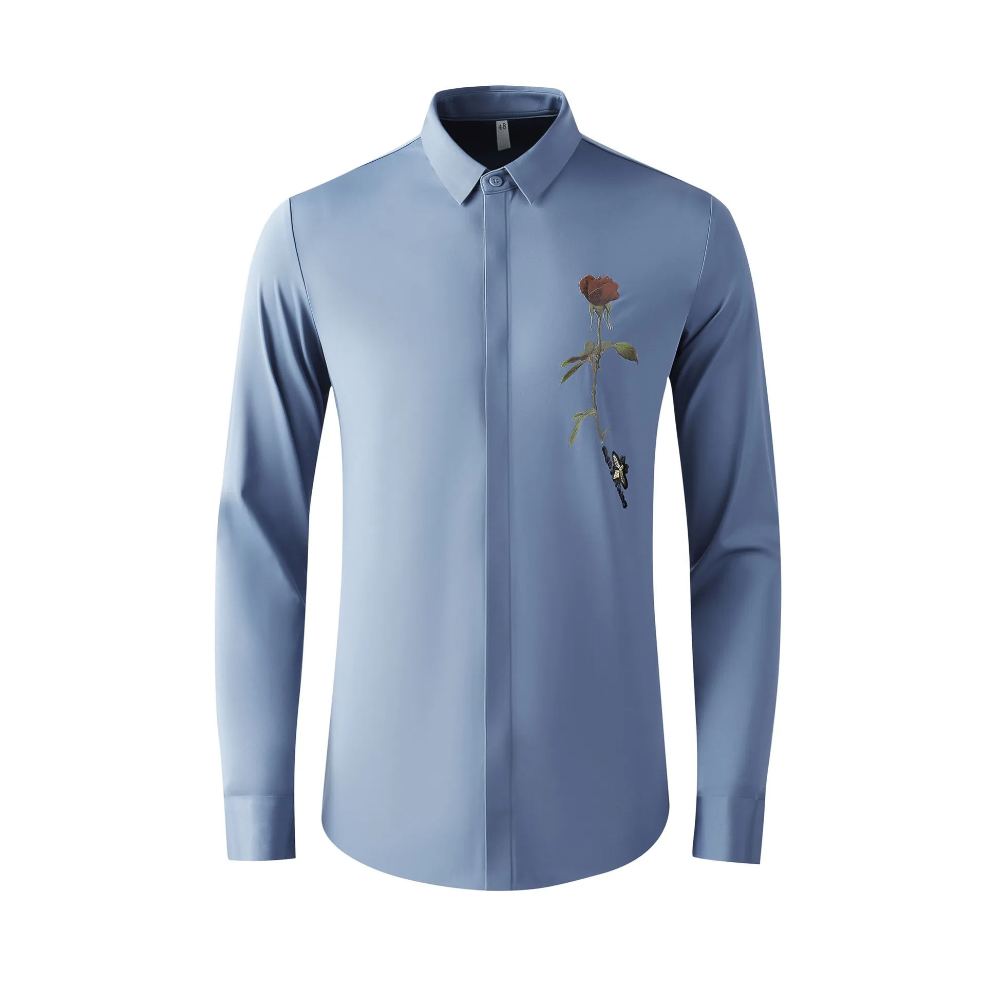 

High Quality Luxury Jewelry Wholesale Men'S Royal New Style Embroidered Lapel Large Size Long-Sleeved Shirt