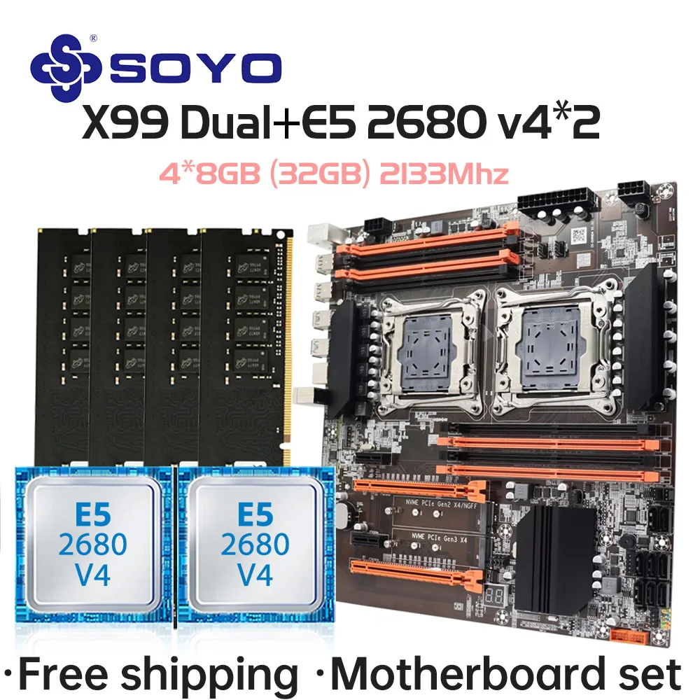 SOYO X99 E5 2680 V4 Dual CPU Gaming Motherboard Kit lntel Xeon *2&DDR4 32GB (4*8GB) LGA2011-3 M.2 NVME for Desktop Computer Host
