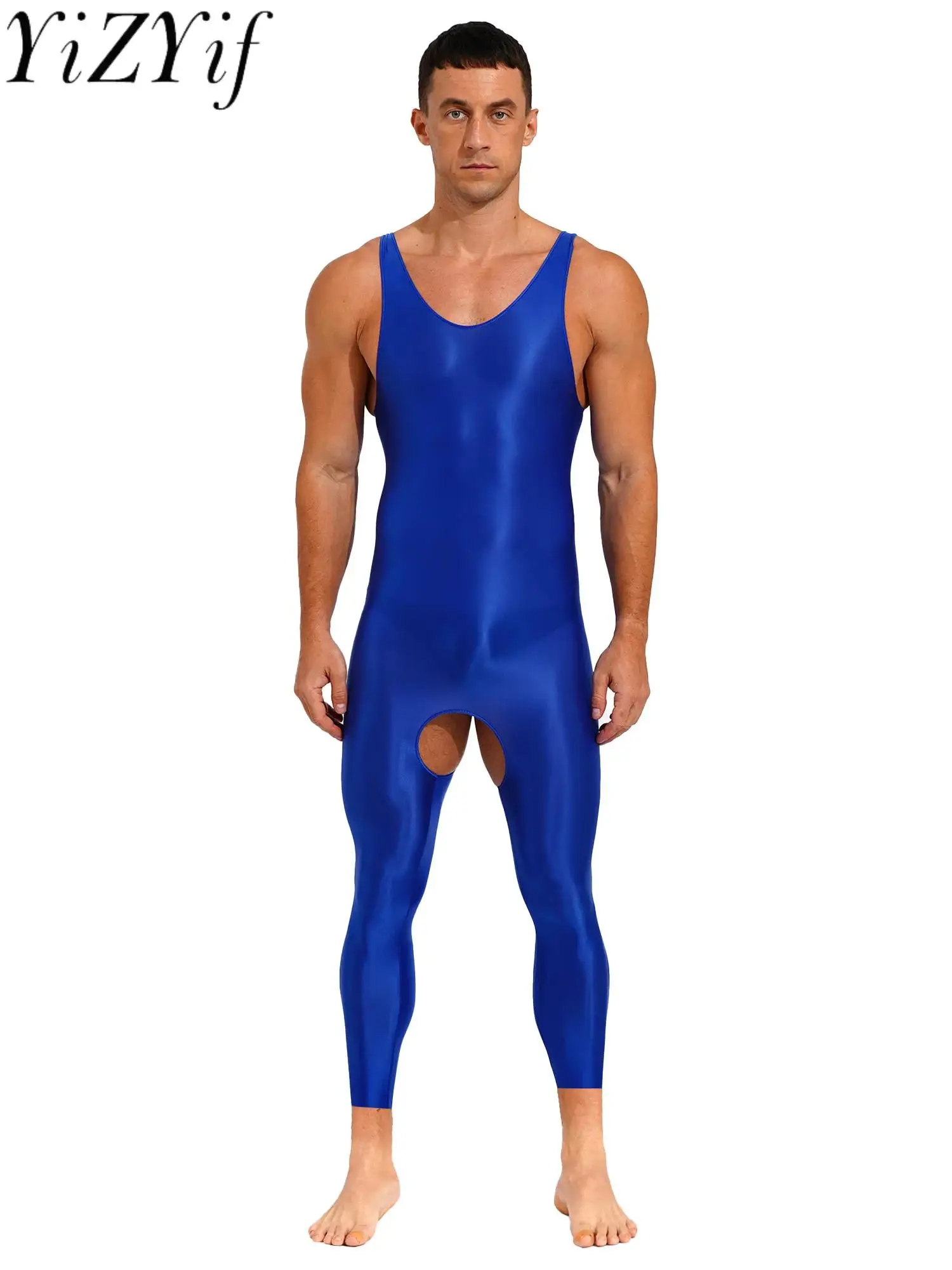 

Mens Lingerie One Piece Glossy Open Crotch Tights Close-fitting Jumpsuits Solid Color Stretchy U Neck Sleeveless Bodysuit