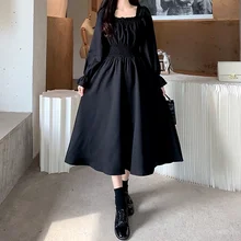 

QWEEK Black Dress Plus Size Women Lolita dress Gothic Harajuku Dresses Square Collar Long Sleeve Midi Dress Chic Korean Clothes