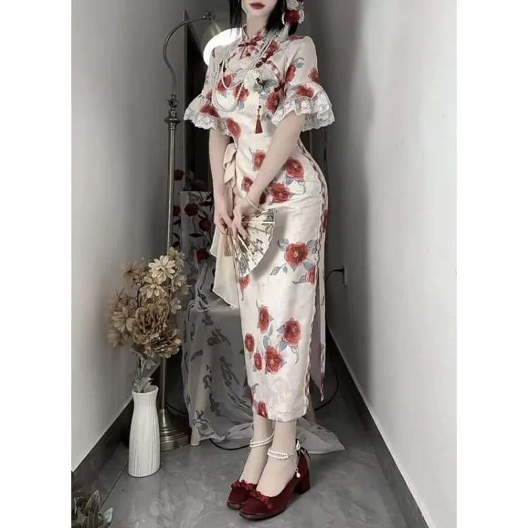 Women's Vintage Chinese Cheongsam Print Dress – Short Sleeve, Side Slit, Loose Mini Dress, Retro Style