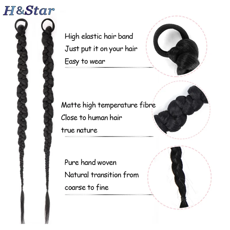 H&STAR 1PC 28Inch  Synthetic  Ponytail Hair Extension Braided With Elastic Headband  Boxing Braid   Ponytail for Women