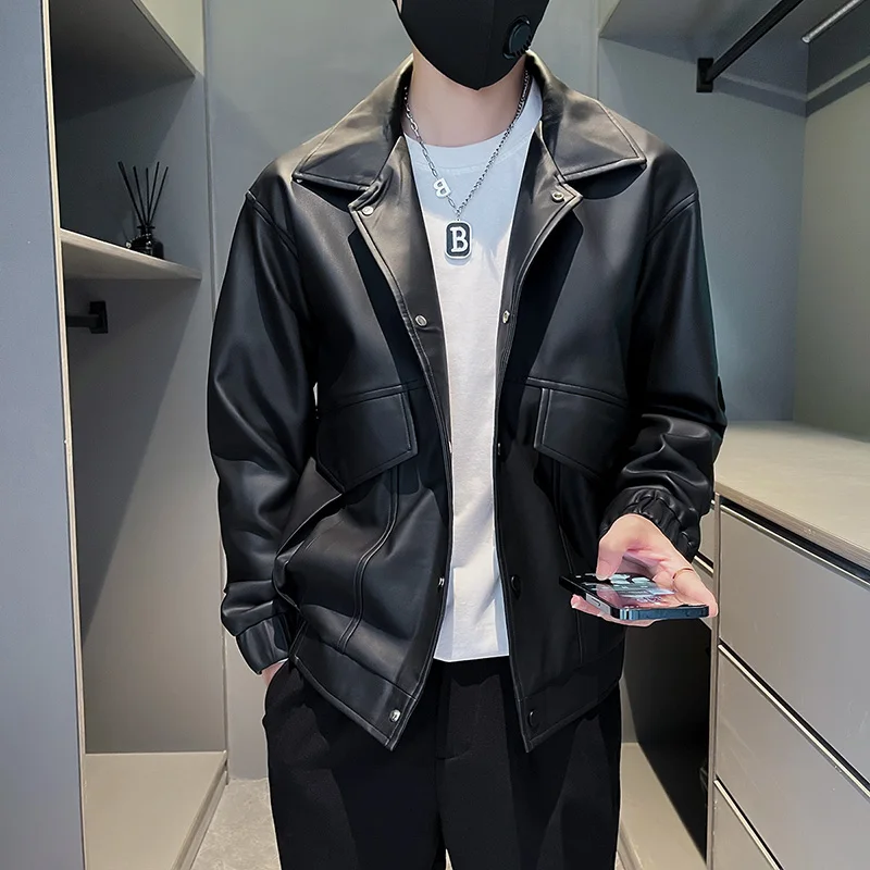 

PU Leather Jacket Men Soft Faux Leather Jacket Motorcycle Biker Fashion Leather Coats Male Bomber Jacket Pockets Clothes B68