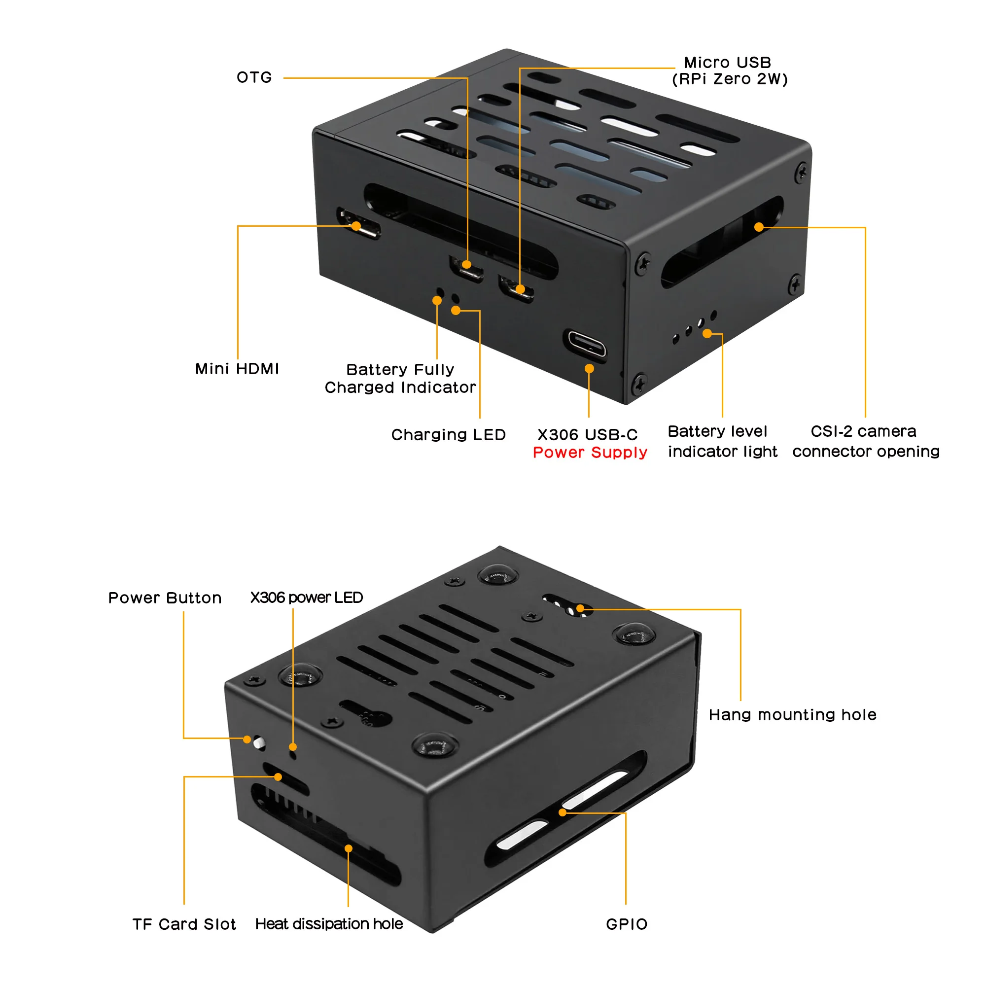 Geekworm X306 V1.5 18650 UPS 모자(라즈베리 파이 제로 2W용 금속 케이스 포함)
