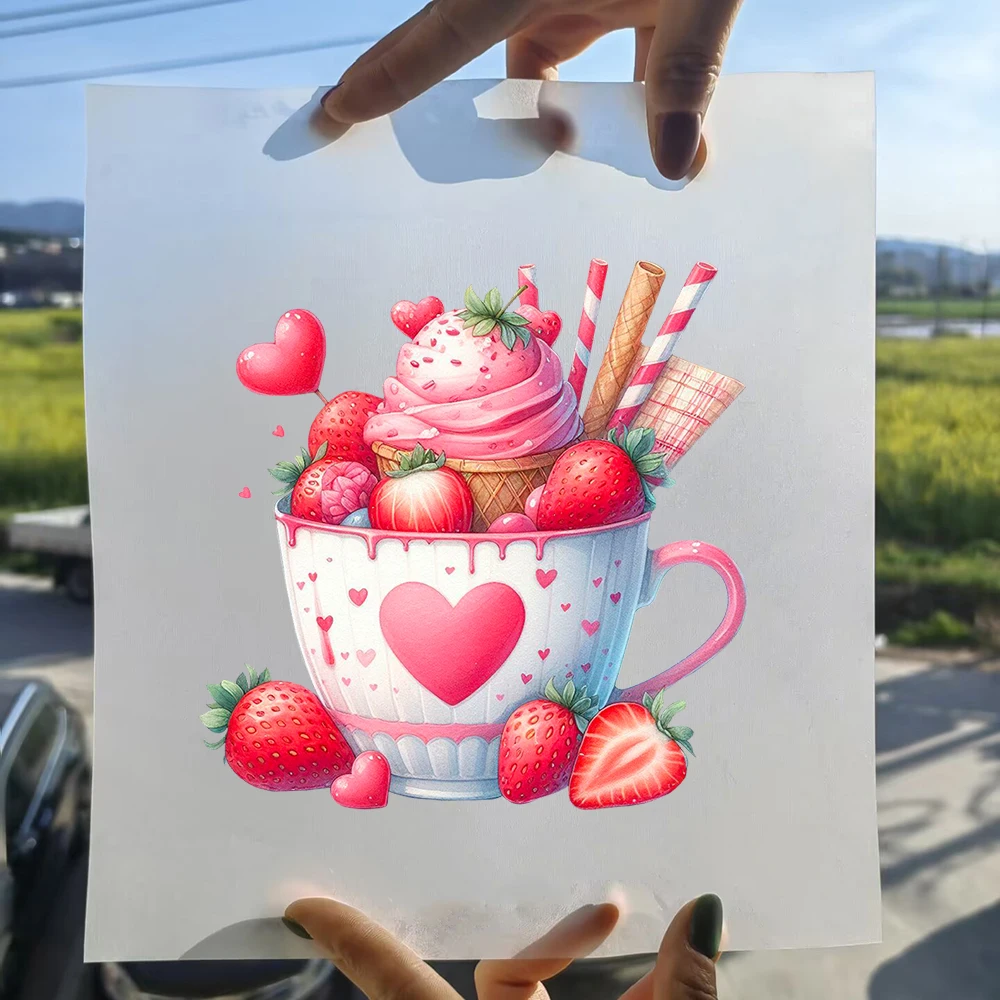 15cm 어린이용 핑크 하트 러브 아이스크림 디저트 열전사 스티커 DIY DTF 열전사 스티커 티셔츠 옷 데칼