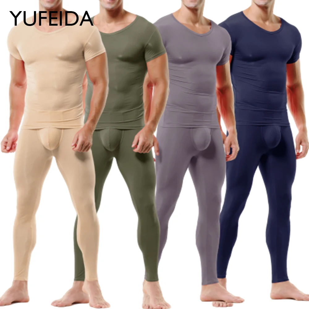 

YUFEIDA Men Ice Silk Short Sleeve T Shirt+Leggings Pajama Sets Silky Sleepwear Male Ultra-thin 2pcs Set Sports Tops Trouser Suit