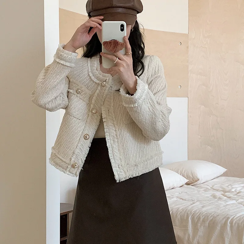 

[Original] 23 Early Autumn Handmade Brushed Knitted Thick Tweed Short Top Women's French Celebrity Style Small Fragrant Coat