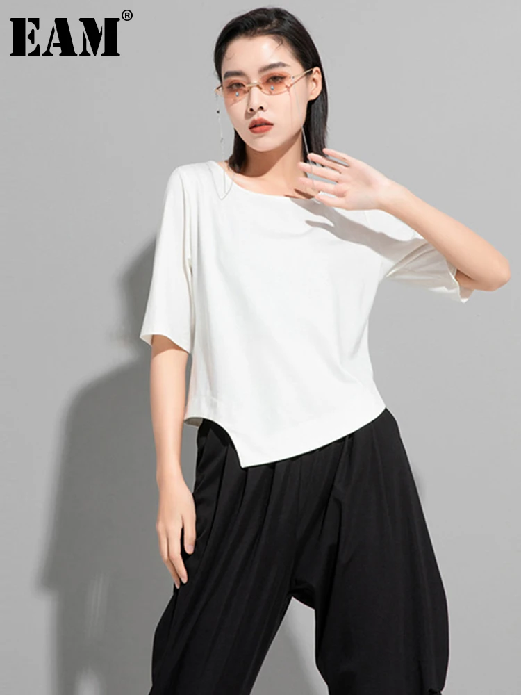 

[EAM] Women White Black Irregular Spliced Short Casual T-shirt New Round Neck Short Sleeve Fashion Spring Summer 2023 1DE0326