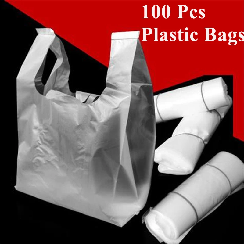  LIUCM Shopping Bag Transparent Bags Plastic Supermarket Bags  With Food Packaging Handle Takeaway Food Packaging Bag 100pcs 3# 24x37CM :  Home & Kitchen