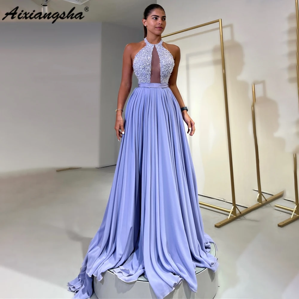 

Aixiangsha Halter Neck Evening Dress Prom Dress A-line Sleeveless Court Train vestidos de noche Custom Made For Elegant Women