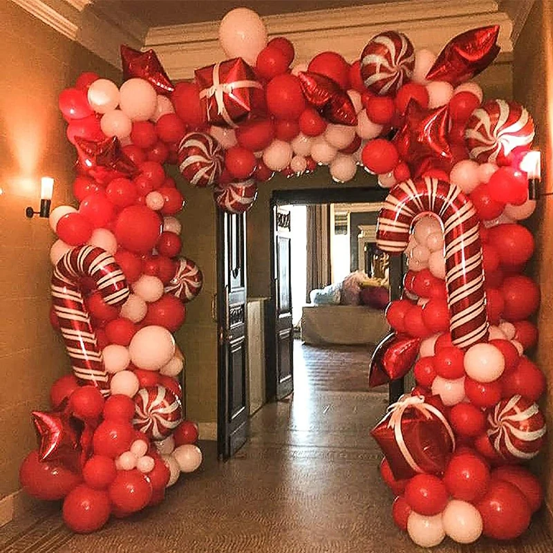 

New Christmas Red And Green Confetti Balloon Garland Arch Kit Red And White Candy Aluminum Foil Balloon Party Decorations
