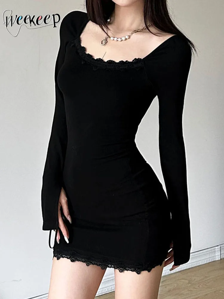 

Weekeep Solid Black Autumn Knitwear Dress Vintage Lace Stitched Split Long Sleeve Elegant Mini Dresses for Women Party Clothing