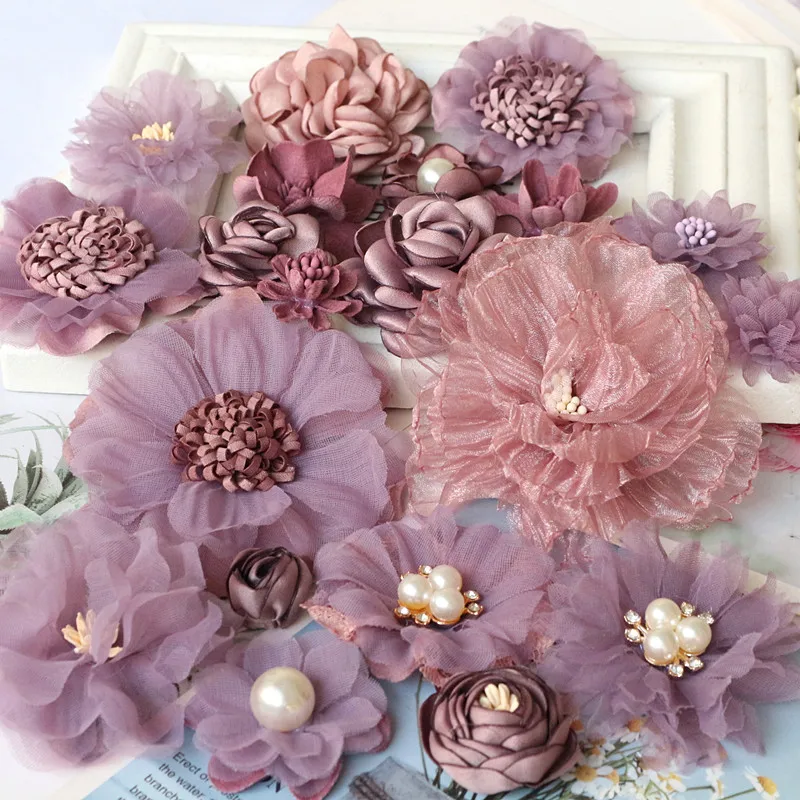 10PCS/Lot Dark Purple Series Chiffon Fabric Artificial Flowers For