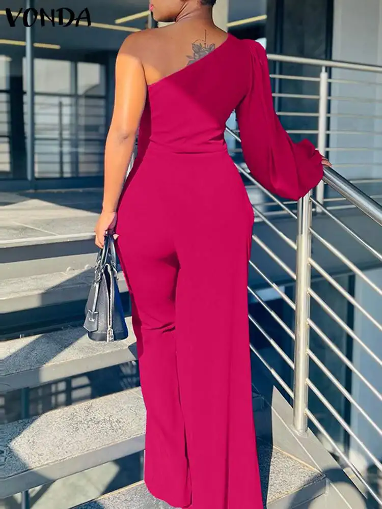 VONDA Women Sexy Off Shoulder Jumpsuit 2024 Elegant Long Sleeve Party Rompers Irregular Hem Solid Casual Loose Party Playsuits