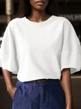 ZANZEA Women Puff Half Sleeve Blouse Fashion Round Neck Blusas 2024 Summer Solid Holiday Shirts Casual Loose Basic Tunic Tops