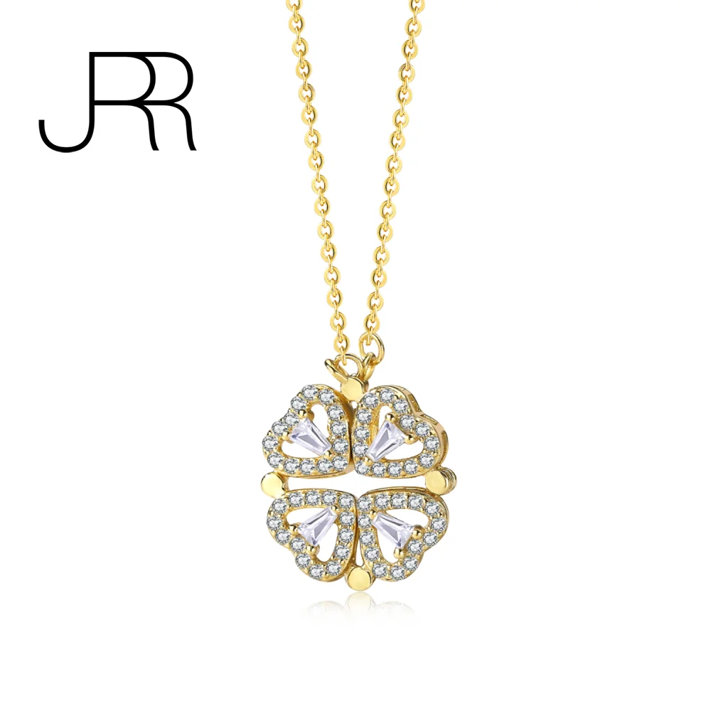 

JRR 925 Sterling Silver 2 In 1 Removable Heart Necklace Rhinestone Four Leaf Clover Lucky Women Fine Jewelry Valentine's Gift