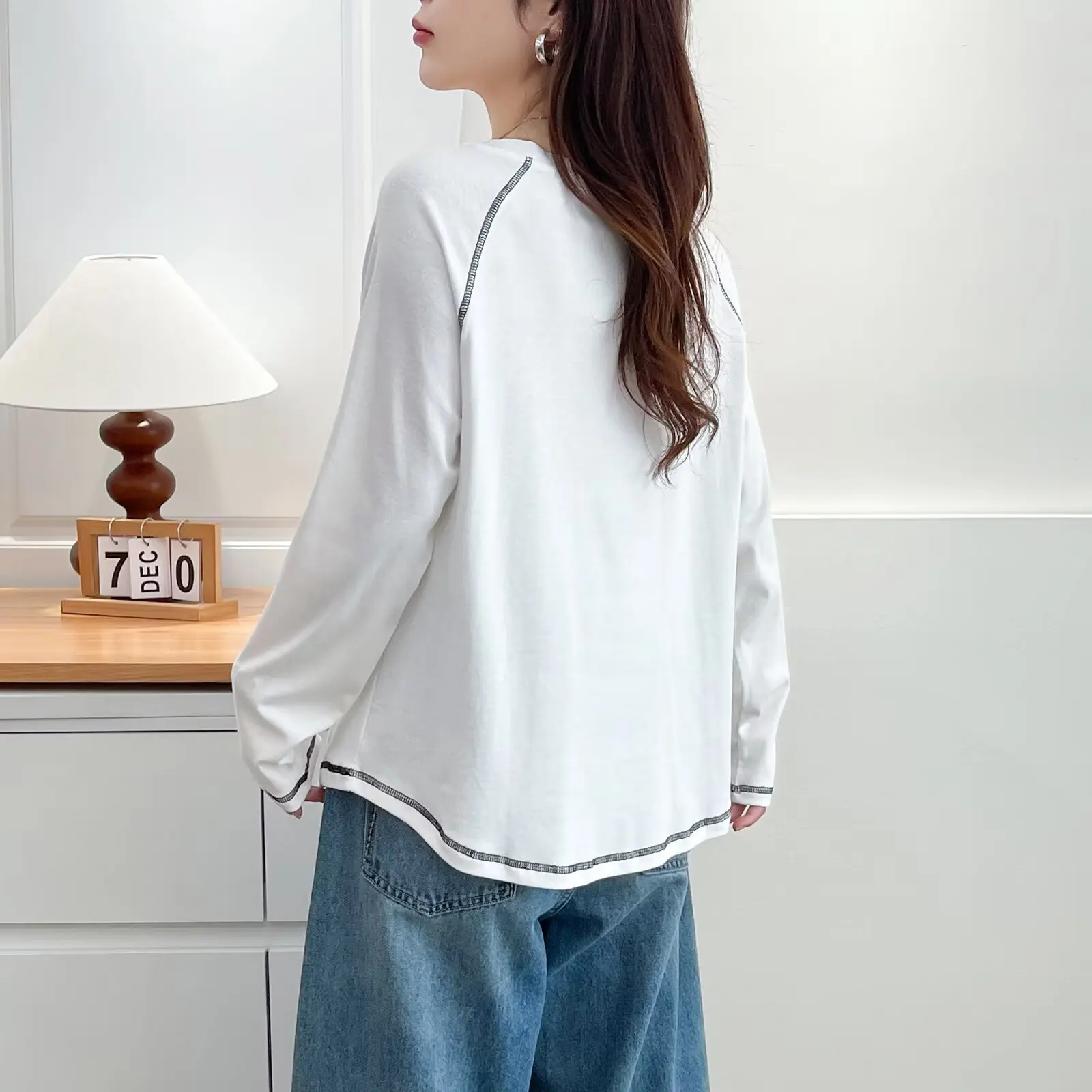 XXXXL Fashion Plus Size Women's T-Shirt Autumn New Style Stylish Bright Line Printed Butterfly Long Sleeved Top 2510