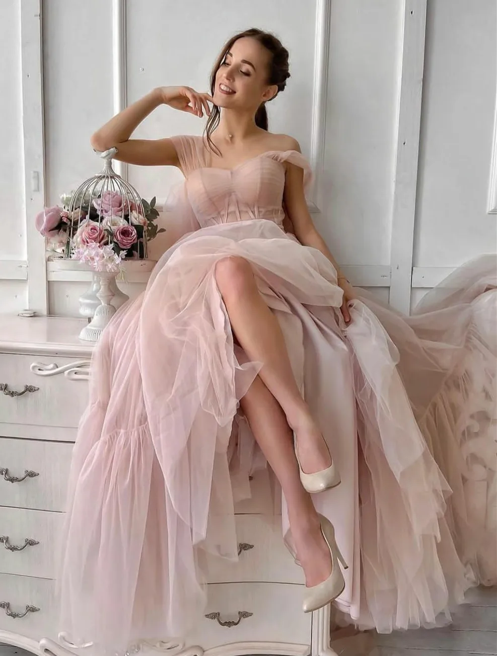 gold evening gowns Classic Long Tulle Pink Evening Dresses A-Line فساتين السهرة Pleated Sweep Train Robe De Soiree Longue Party Gowns for Women white evening dresses