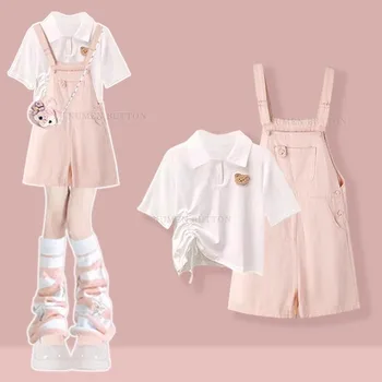 Girl Summer New Fashion Drawstring Short Sleeve T-shirt+Denim Strap Shorts Two Piece Suit Korean Elegant Tracksuit Matching Set 1