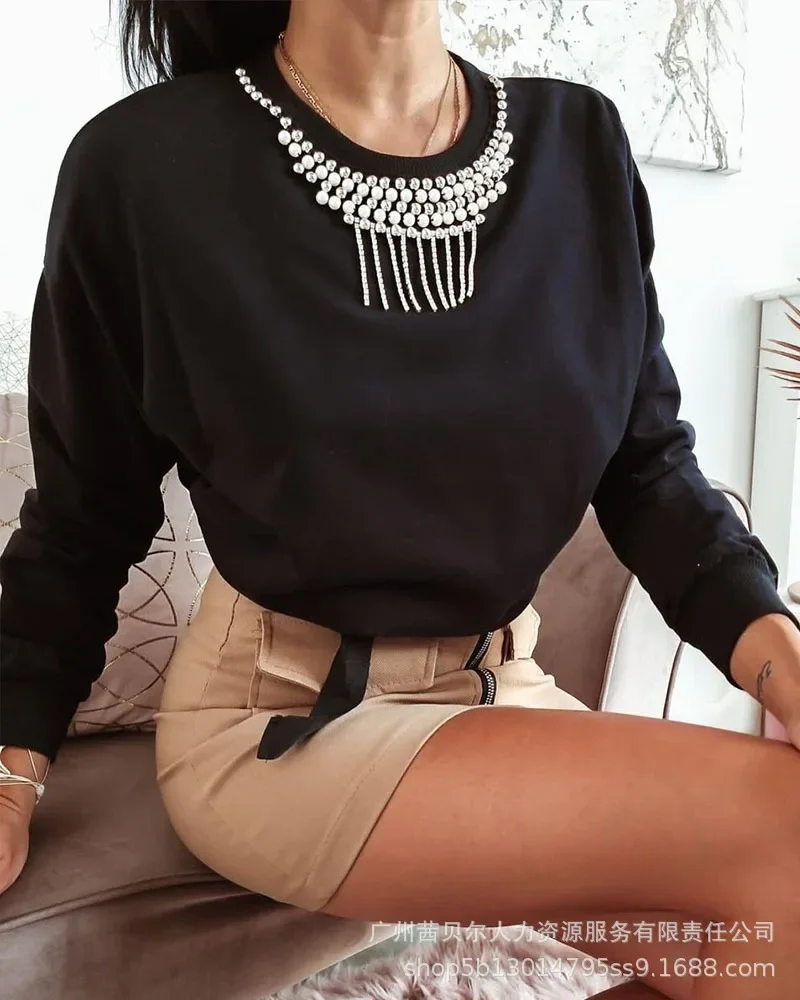 

Womens T-Shirts 2023 Round Neck Studded Diamond Sweater Top for Women