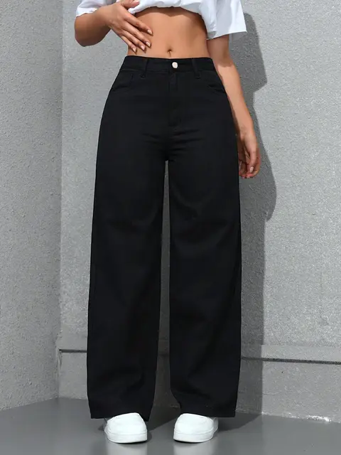Jean rétro ample à jambes larges pour femmes, mode solide, lavage droit, taille haute élastique, pantalon en Denim, décontracté, Streetwear, pantalon à poches 5