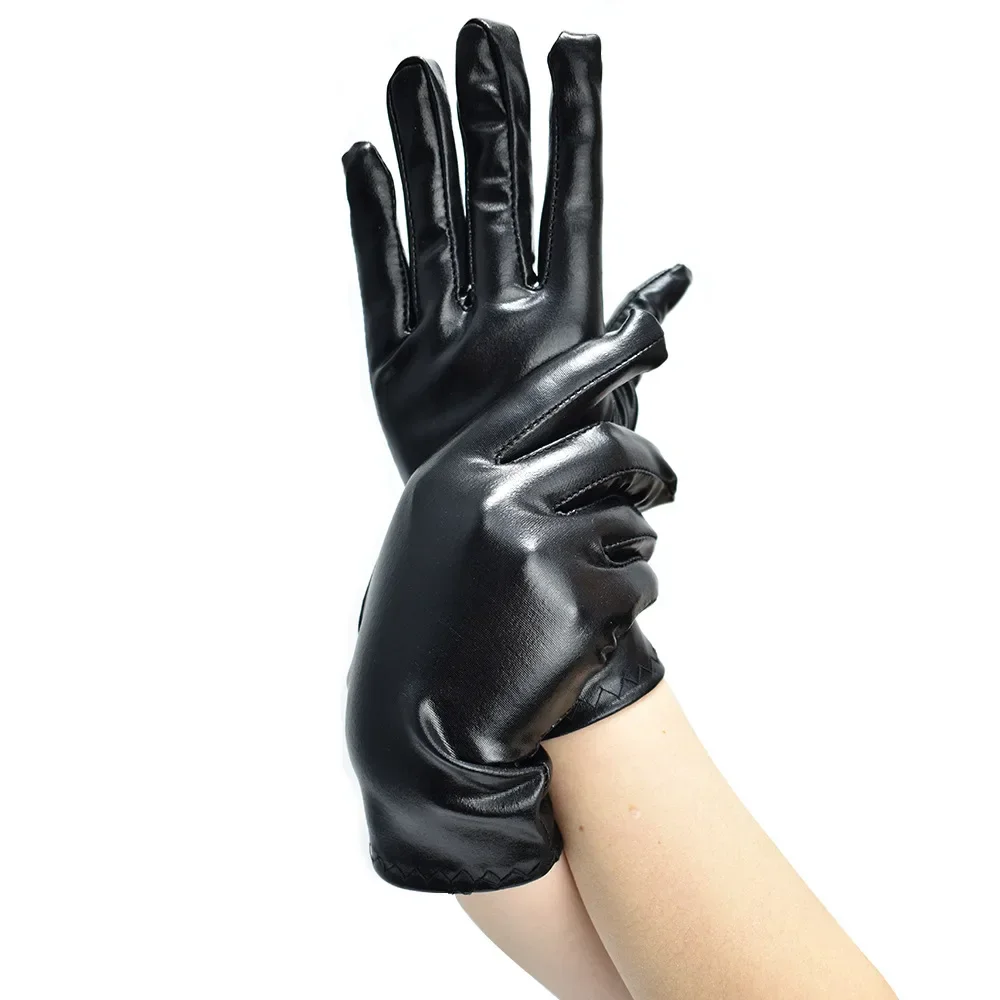 leather gloves Women Short Patent Dance Cosplay Full Finger Mittens Street Style Punk Festival Party
