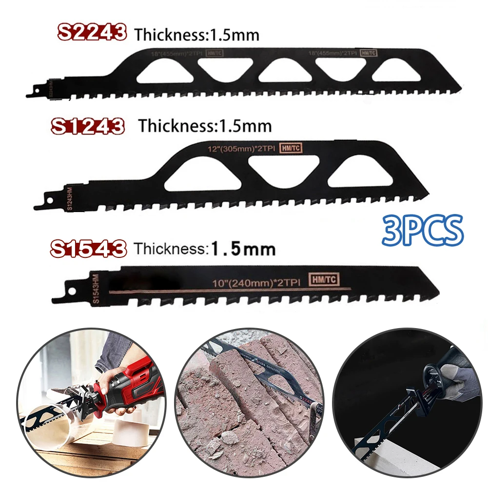 

3Pcs Carbide-Tip Reciprocating Saw Blade Set S1243/S1543/243 For Cutting Bricks Concrete Red Brick Stone Masonry Saber Saw Blade