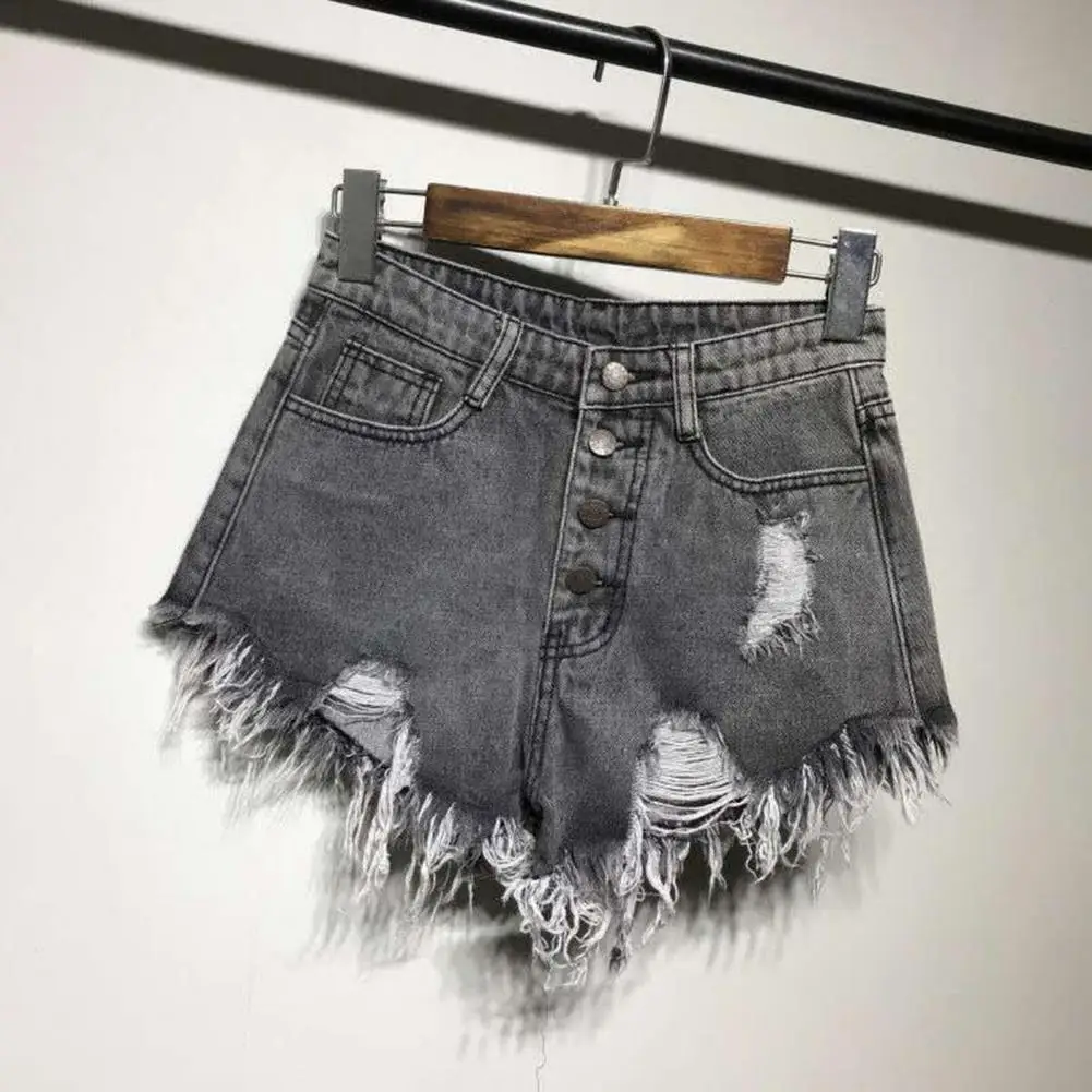 Ladies High Waist Button Placket Ripped Shorts Tassel Loose Leisure A Line Burrs Opening Denim Shorts Street Wear for Going Out цена и фото