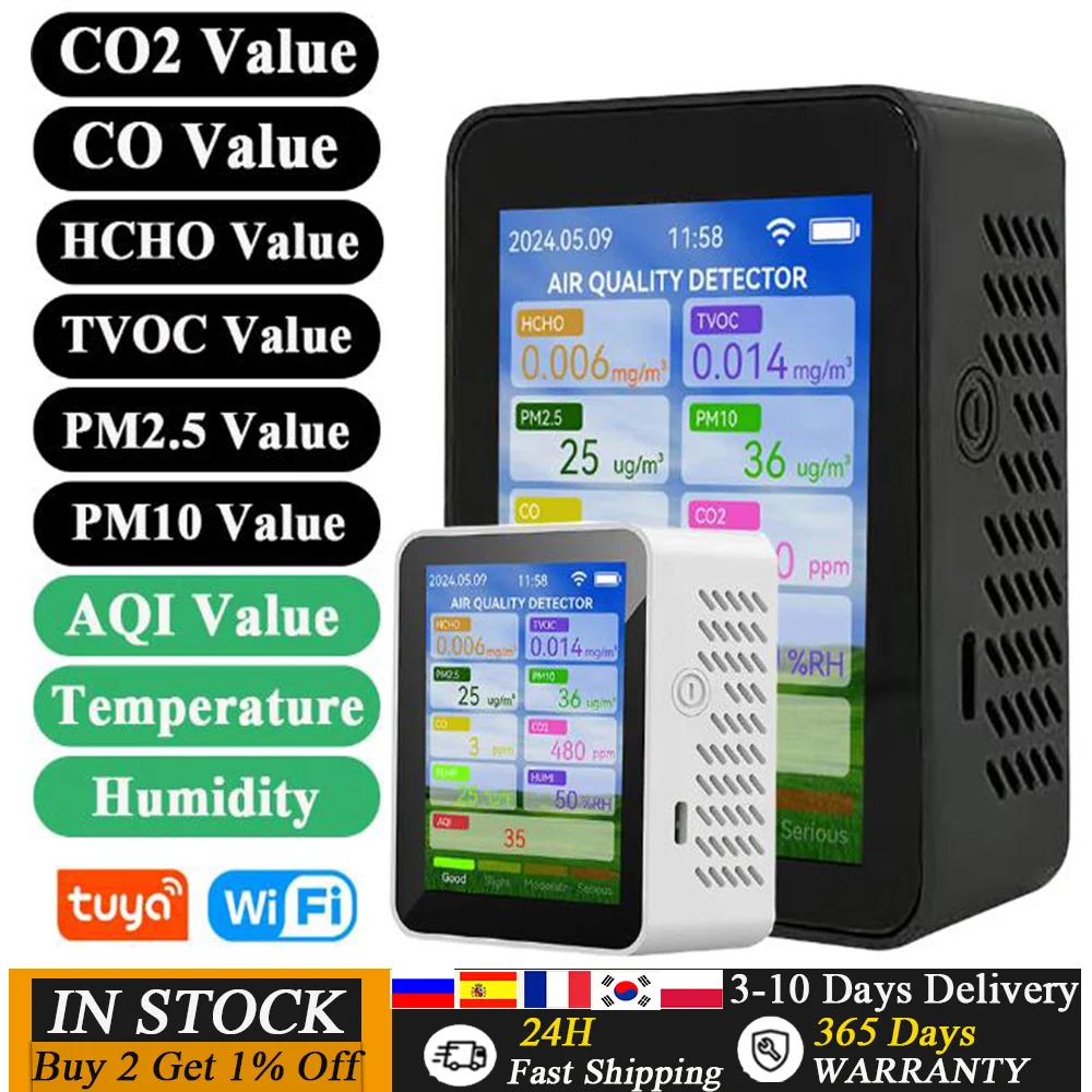 Air Quality Meter 7in1 PM2.5 CO2 TVOC HCHO Temperature Humidity Tester App Control With Calendar Alarm Function High Precision Sensors