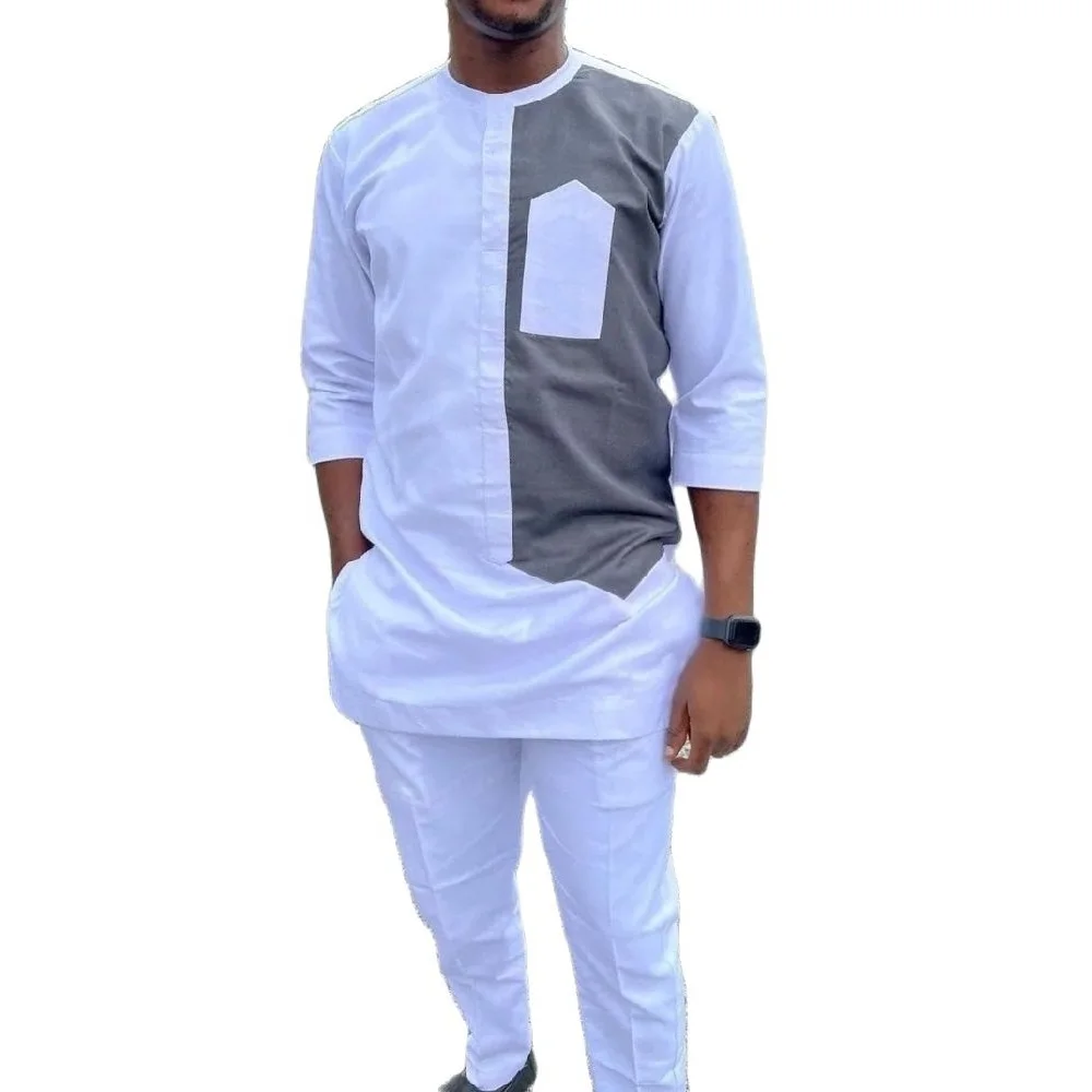 Gray/White Patchwork Tops With Solid Color Elastic Waist Trousers Nigerian Fashion Men's Groom Sets Three Quarter Sleeves