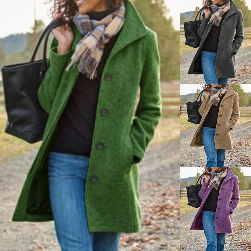 

Autumn and Winter New Casual Women's Wear Solid Color Long Sleeve Comfortable and Elegant Mid Length Coat