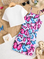 Ensemble jupe 2 pièces élégant et décontracté pour filles, printemps et été, t-shirt court à manches courtes avec imprimé papillon blanc + robe à bretelles avec imprimé papillon intégral, adapté aux tenues décontractées quotidiennes des filles de 8 à 12 ans, peut être utilisé comme cadeau. 2