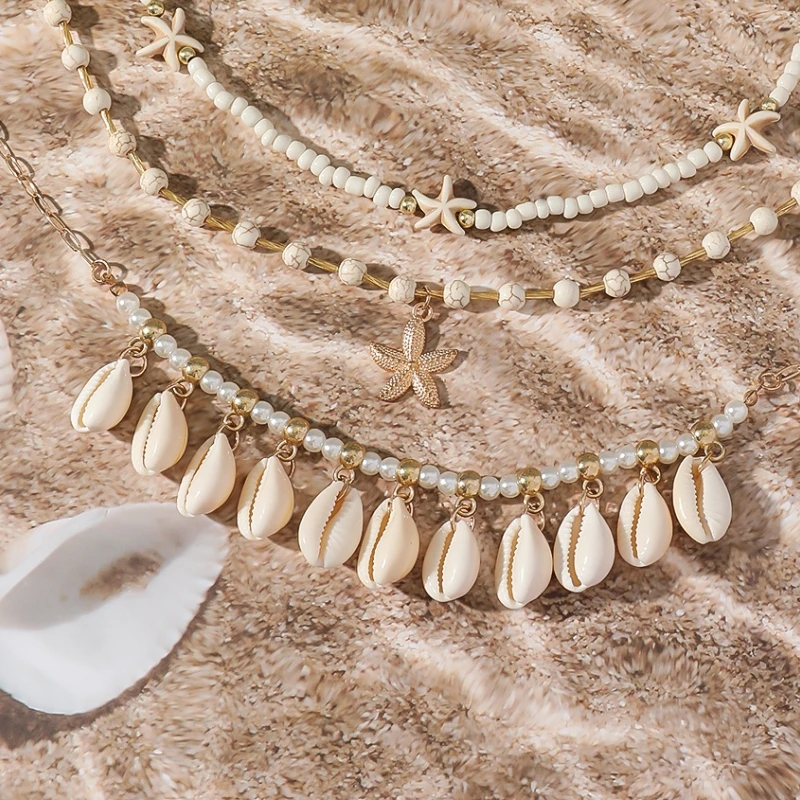 Fashion Multilayer Starfish Shell Pendant Necklace for Women Summer Beach Handmade Beaded Choker Necklaces Party Jewelry Gift