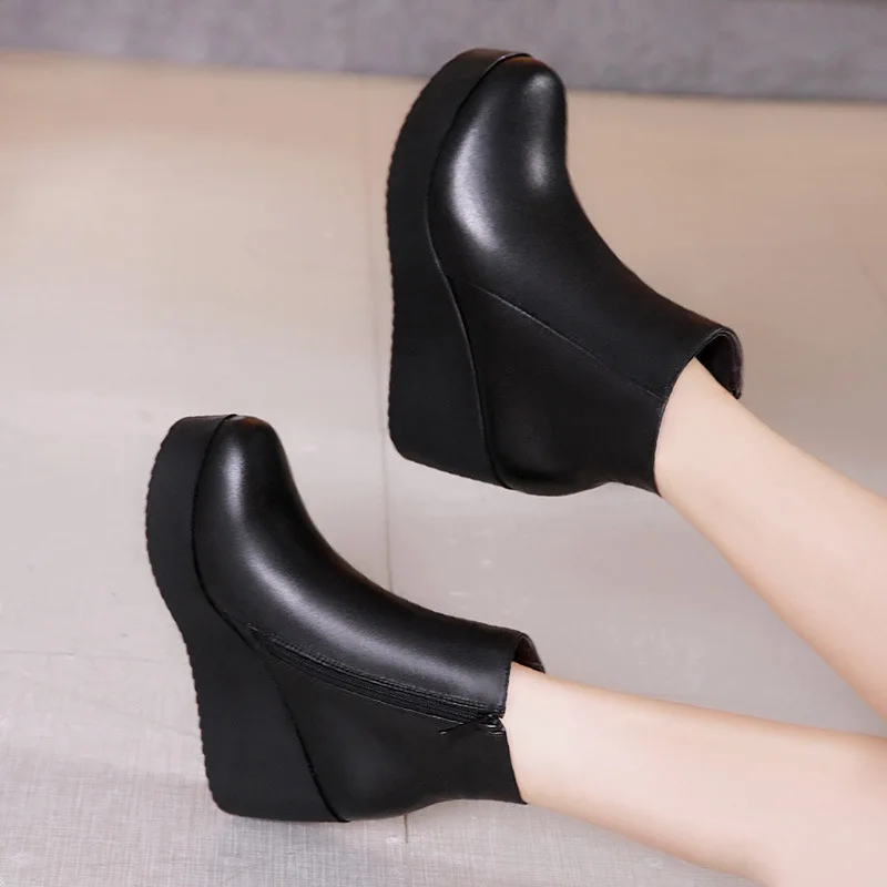 High quality short ankle leather boots for women 7cm mid heel platform new 2023 autumn winter elegant 33 42 43 lady shoe - black
