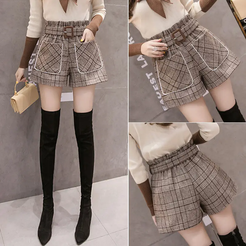 Women's Elastic Waist Pocket Plaid Woolen Female Pants Autumn and Winter 2023 Preppy Style High Waist Loose Sashes Sweet Shorts