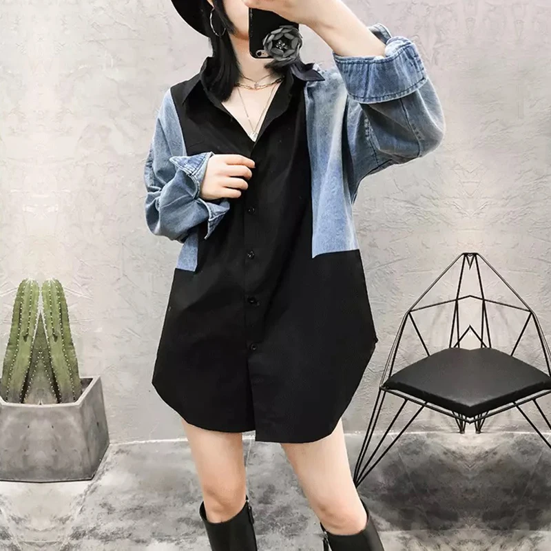 

Vintage Patchwork Denim Blouse Women Spring Autumn Long Sleeve Jeans Blouse Korean Tops Fake Two Piece Shirts