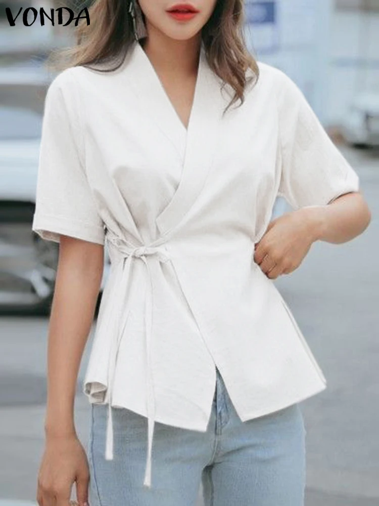 

Women Summer Shirts VONDA 2023 Elegant Solid Color Tunic Tops Short Sleeve Casual Blouses Fashion Bandage V-neck Blusas Feminina