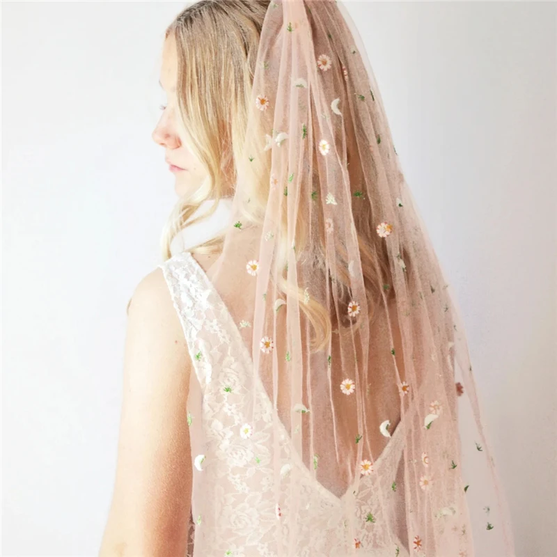 Little Daisy Wild Flowers Bridal Veils Comb Wedding Accessories Brides Pink White Champagne Tulle Secret Garden Long