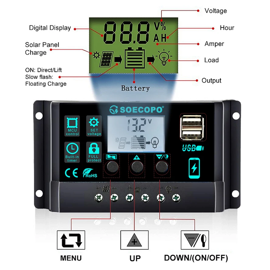 RV 보트 오프 그리드 시스템 용 과충전/단락 보호 기능이있는 12V/24V 100A 솔라 충전 컨트롤러 자동 스위치 LCD 디스플레이
