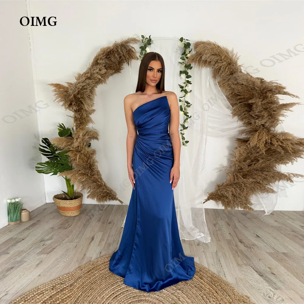 

OIMG Blue Satin Long Strapless A-Line Evening Dresses Prom Gowns Sleeveless Custom Color Formal Night Robe De Soiree Vestidos