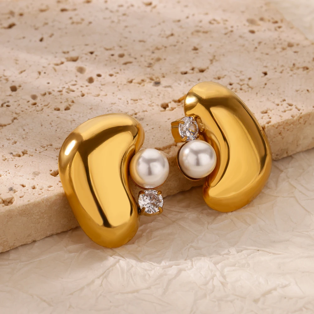 Zircon Imitation Pearl Earrings Stainless Steel Geometric