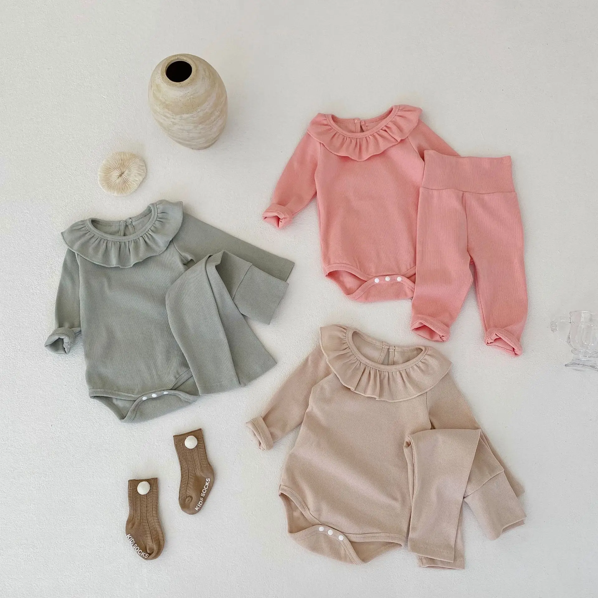 

2023 Autumn Baby Girls 2PCS Clothes Set Cotton Solid Long Sleeve Romper High Waist Skinny Pants Suit Infant Girls Outfits