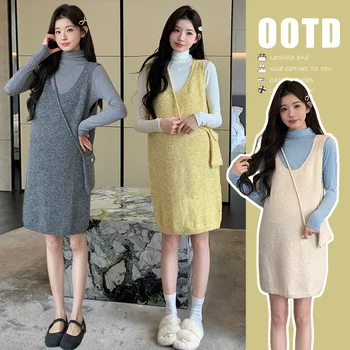 Maternity Suit Autumn New Style Elegant Fashion Versatile Turtleneck Sweater And Vest Sweater Dress With Bag Two Piece Set