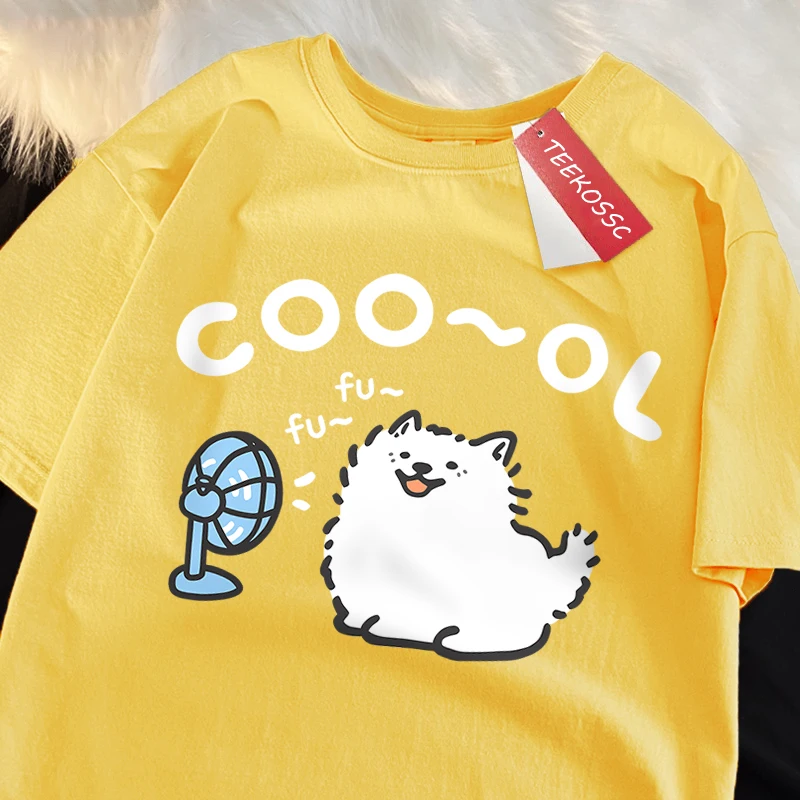 Samoyeo Blowing Fans Japanese Style Clothes Men Women Cotton Breathable Tee Clothes Oversized Casual Loose T-Shirts Short Sleeve