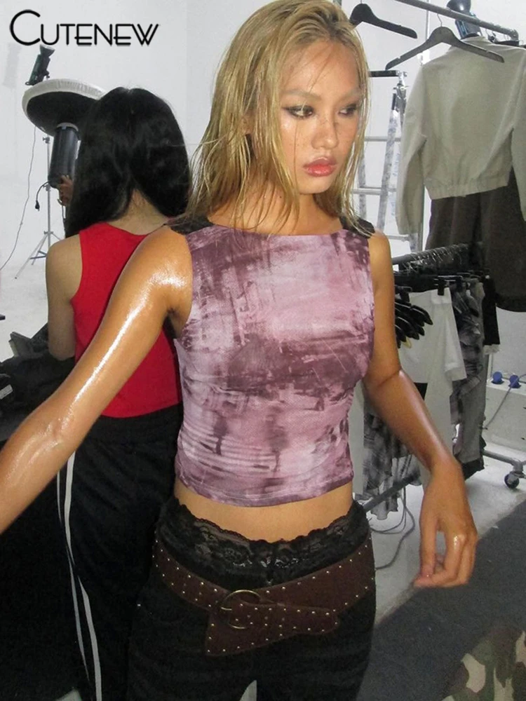 Lace Patchwork Women Vests Summer Sexy Tie Dye Print Backless O-neck Crop Skinny Tops Female Fashion Street Party Tanks