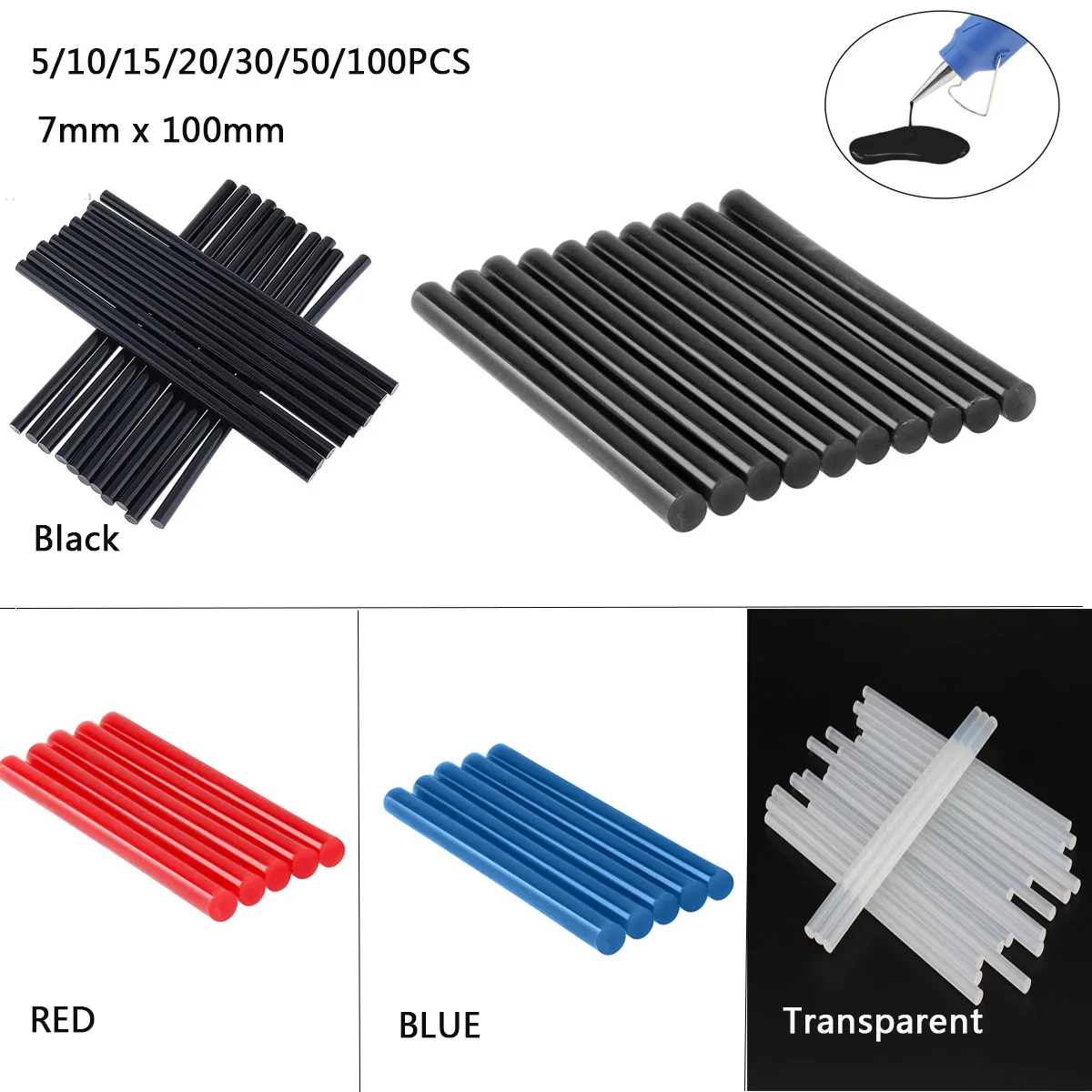 

7x100mm Hot Melt Glue Sticks 5-100pcs/Set Transparent /Black/Blue/Red Strong Viscose For Electric Glue Gun Craft Repair Tools