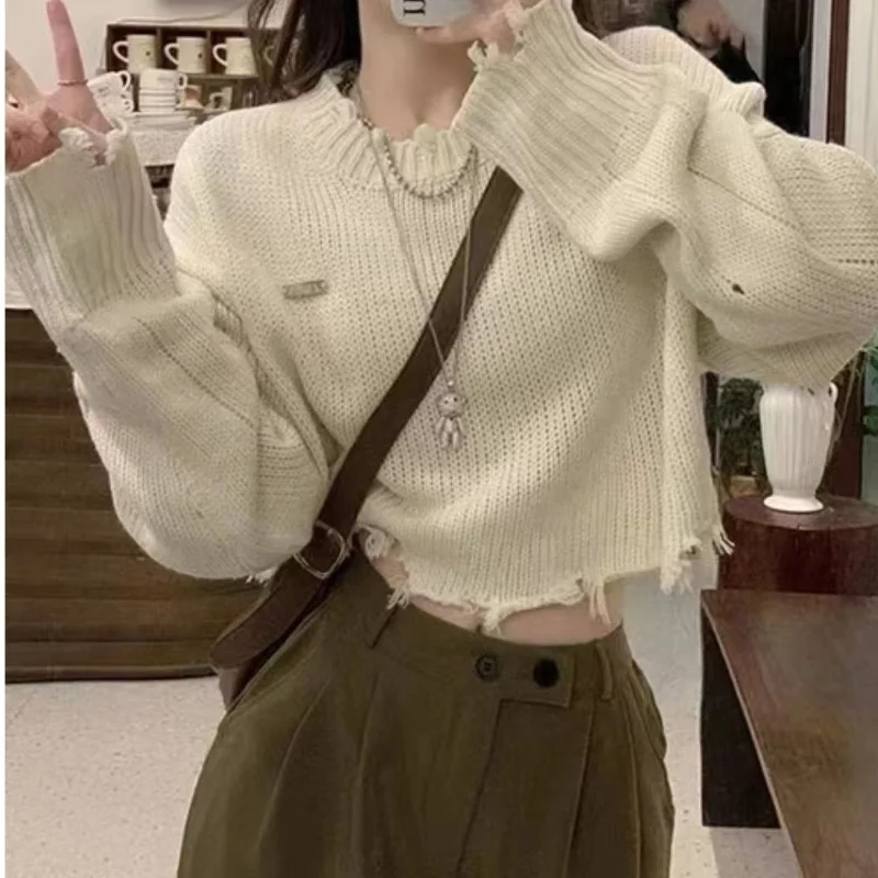

Deeptown Harajuku Cropped Ripped Sweater Women Korean Fashion Knitted Female Jumper Kpop Streetwear Knitwear Vintage Pullover